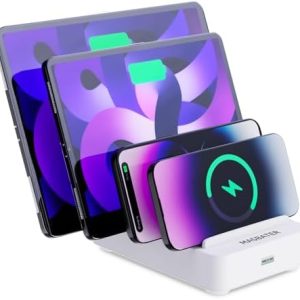 4-Port Charging Station for Multiple Devices, USB Charger Stations Multi-Device Organizer Charging Dock, Compatible with Cell Phones, iPads, Kindle Tablets, and Other Electronics (White)