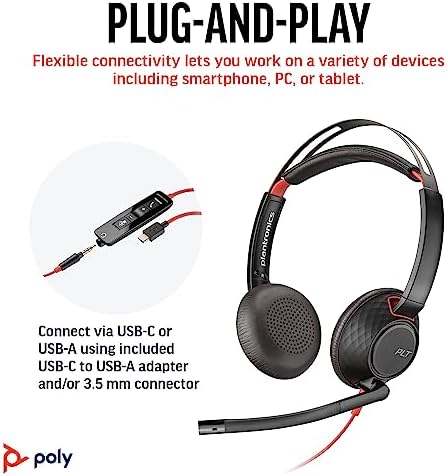 Poly Blackwire 5220 Wired Headset - Flexible Boom Mic - Noise Cancelling Headphones with Mic - USB-C, USB-A, 3.5mm - Ergonomic Over-Ear Design - Works with Microsoft Teams, Zoom - Work from Home - Image 6
